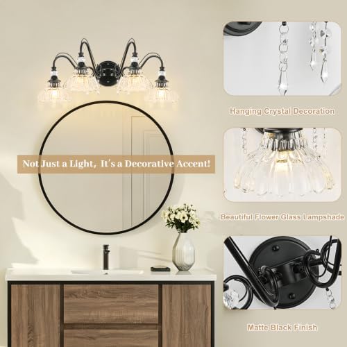 Black Bathroom Vanity Light, 4-Light Matte Black Finish Farmhouse Wall Sconce - Image 4
