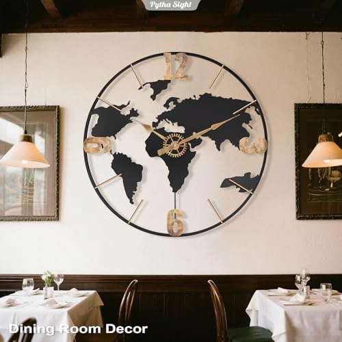 Pytha Sight 24 Inch Large World Map Vintage Gold Arabic Numerals Wall Clock - Image 5