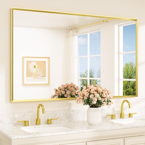 TETOTE Brushed Gold Mirror Beveled Frame 60" x 36" Large Brass Gold Rectangle by TETOTE