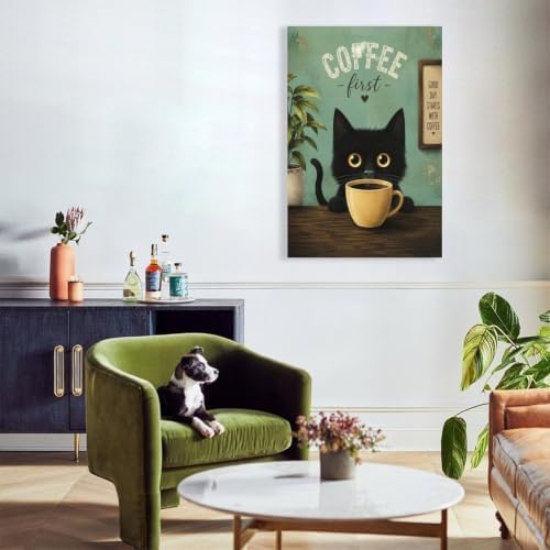 Coffee Cat Poster Black Cat Coffee Lover Vintage Canvas Wall Art - Image 6