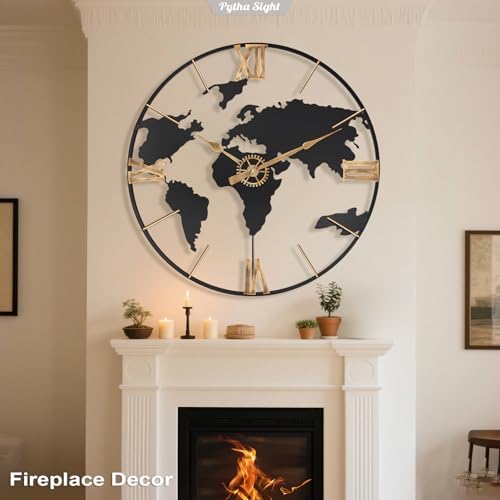 Pytha Sight 24 Inch Large World Map Vintage Gold Roman Numerals Wall Clock - Image 4