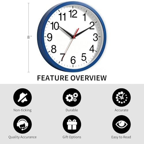 Rohioue Wall Clock Analog 8 Inch Blue Battery Operated Silent Clock - Image 3