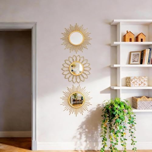 Boho Sunburst Wall Mirror Set of 3, 12 Inch Round Antique & Modern Metal Wall - Image 5