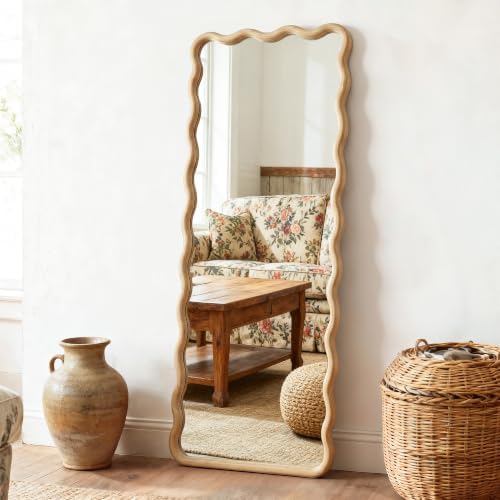 Full Length Mirror, 55”x20” Wavy Wood Floor Mirror by LawadaMirror