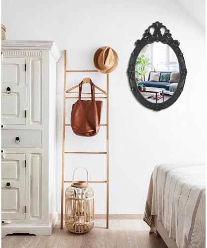 Vintage Black Hanging Mirror, Oval Carved Wood Frame Wall Mounted Mirrors - Image 4