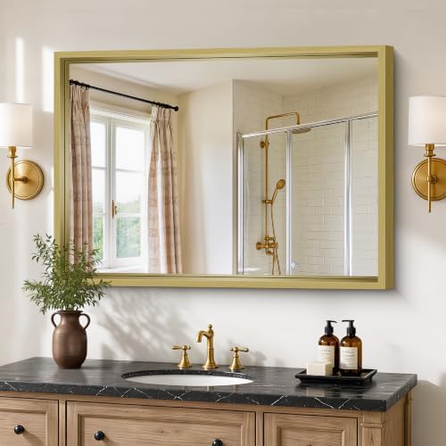 Bathroom Mirror, 30 x 42 inch Natural Wood Grain Colored Aluminum Metal Frame by WelcometoCIVENO