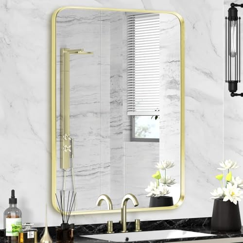 Gold Bathroom Mirror 22x30in, Metal Framed Rounded Rectangle Wall by Minuover