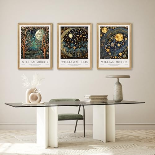 Hianan Wood Framed William Morris Moon Star Wall Art Set of 3, 12x16 in - Image 3
