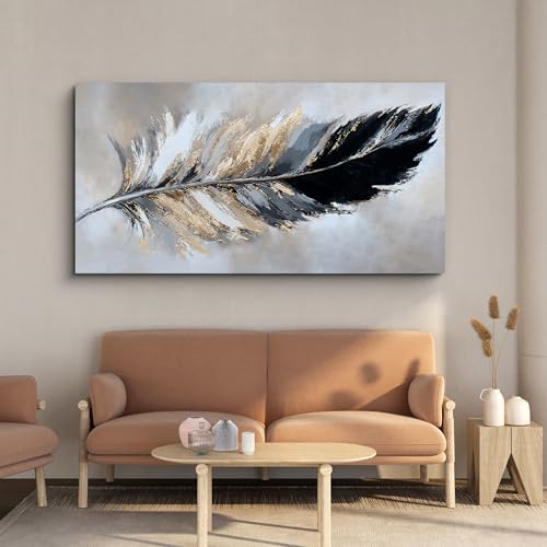 YISXINOAG Black Gold Abstract Wall Art Minimalist Feather Canvas 20"X40" - Image 2