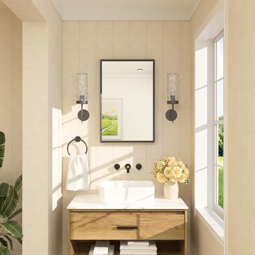 TETOTE Black Bathroom Mirror 20" x 30" Matte Black Rectangle Beveled Framed - Image 2