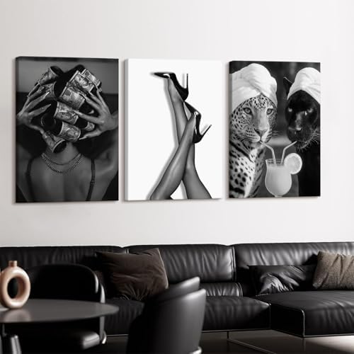 Black White Leopard Wall Art Trendy Cheetah Canvas Wall Decor Fashion Cocktail - Image 4