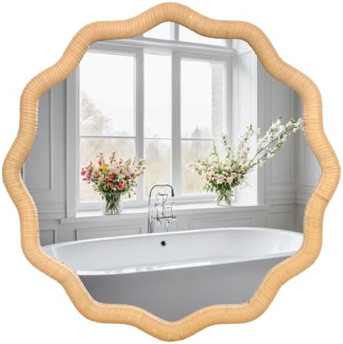 FUIN 20" Round Rattan Wall Mirror, Scalloped Wavy Wicker Frame by FUIN