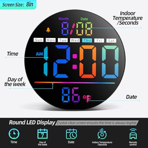 8in Round Digital Wall Clock, RGB Color Display, Auto DST, Temperature - Image 2
