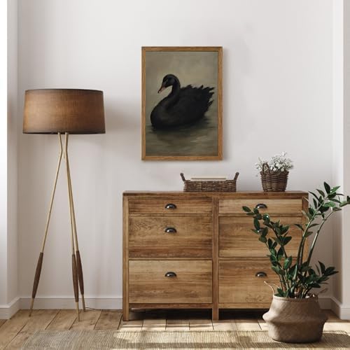 AVECCO Vintage Elegant Black Swan on Water Wall Art Canvas Framed 16x24 in - Image 2