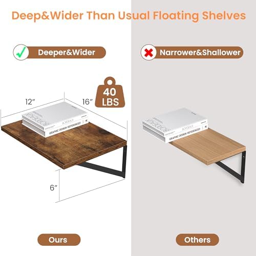 Heimlove 16W x 12D Deep Floating Shelves Set of 2 Rustic Brown - Image 3