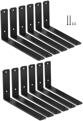 12 Pack - L 10" x H 6" x W1.5, 5mm Thick Black L Shelf Bracket, Iron Shelf by MHMYDZ