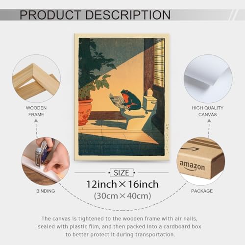 Japanese Frog Framed Wall Art Cute Animal Canvas Print Funny Frog On The Toilet - Image 2