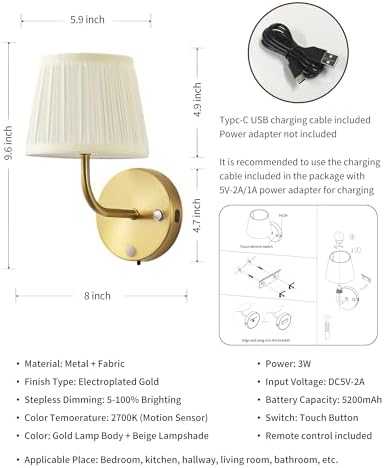 PUSU Motion Sensor Gold H9.6 inch Wall Sconces Set of 2, Small Wall Lamps - Image 5
