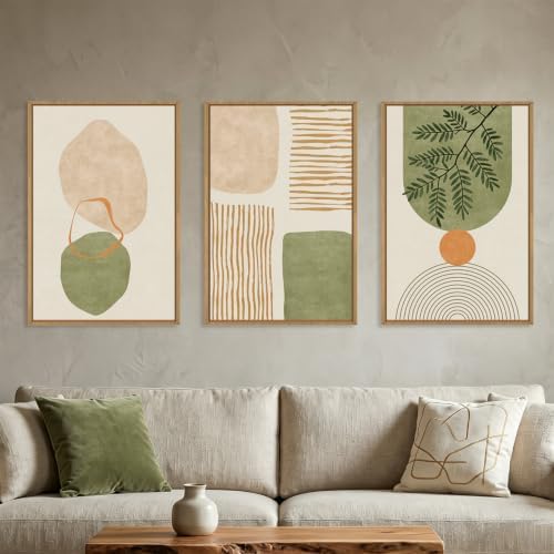 Boho Sage Green Geometric Framed Canvas Wall Art Set-16"x24"x3 by Celestdeco