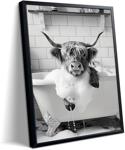Highland Cow Bathroom Wall Art, Cute Black and White Animal Wall Decor Painting by Unknown