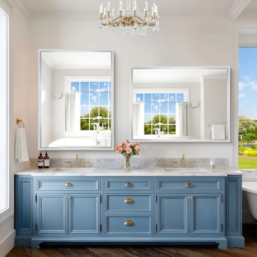 48 x 36 inch Brushed Silver Bathroom Mirror, Metal Framed Large Rectangle Mirror - Image 2