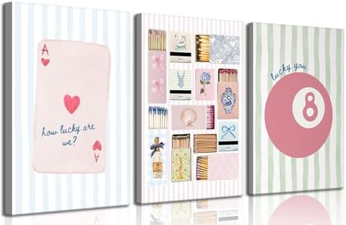 3Pcs Trendy Preppy Canvas Wall Art Pink Blue Matchbox Lucky 8 Ball Pictures by Zuowclli