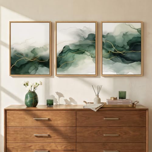 Framed Abstract Minimalist Watercolor Green Gold Wall Art Bedroom, 12x16 In by Cuspin