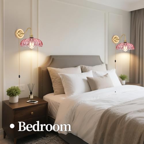 ZECOXOL Vintage Plug in Wall Sconces Set of Two, Glass Wall Sconces Lamps - Image 6