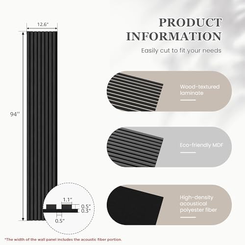 4 Pack Wood Salt Acoustic Wall Panels 94" x 12.6" x 0.8", Matte Black - Image 3