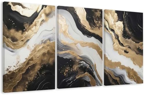 EJPFOGV Triptych Black White Gold Wrapped Canvas Wall Art 24x36 inches x3 by FramedCanvasWallArt