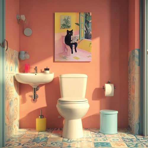 Cyebmo Funny Bathroom Wall Art, Cute Black Cat Sitting on Toilet Reading - Image 4
