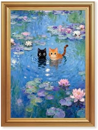 ICHZUMW Gold Framed Funny Cats Monet Water Lilies Canvas Wall Art, 12x16 In by Unknown