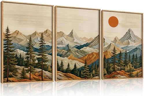 Ausril Boho Woodcut Mountain Framed Canvas Wall Art Set, Vintage Pine Tree Wall - Image 5
