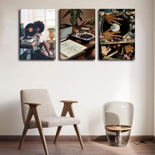 Framed Black Girl Canvas Wall Art 3Pcs black Girl Record Music Wall Decor - Image 3