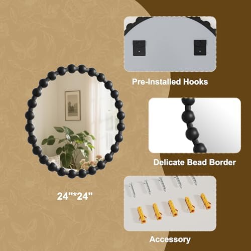 Easly Round Mirror for Wall, 24 Inch Black Beaded Frame Decorative Vanity Mirror - Image 4