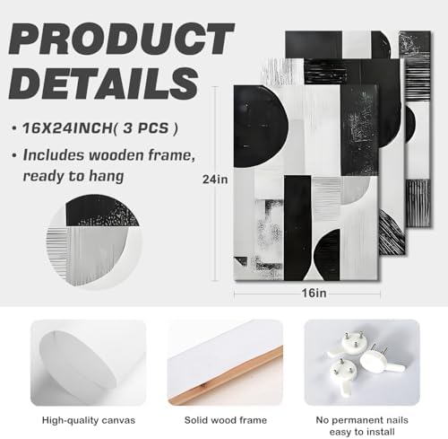 LYYGLYY 3Pcs Framed Black and White Geometric Canvas Wall Art 16x24 Inches - Image 6