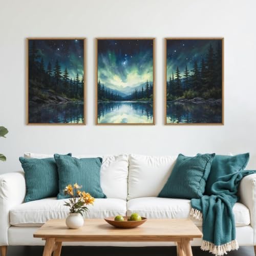 Luminous Northern Lights Forest Lake Framed Canvas Wall Art Set-16"x24"x3 by HOURIA