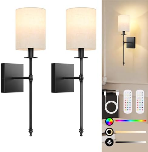 19 Inch Black Battery Operated Wall Sconces Set of 2, Rechargeable Wireless by BestChoiceforYourLife