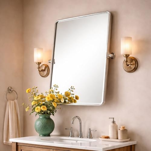 Farmhouse Pivot Rectangle Bathroom Mirror Chrome Metal Framed Tilting Beveled - Image 4