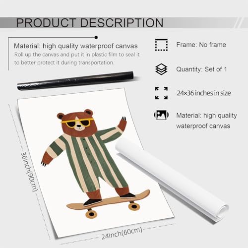 Cool Skateboarding Bear Wall Art Funny Cute Animal Canvas Poster Fashion - Image 2