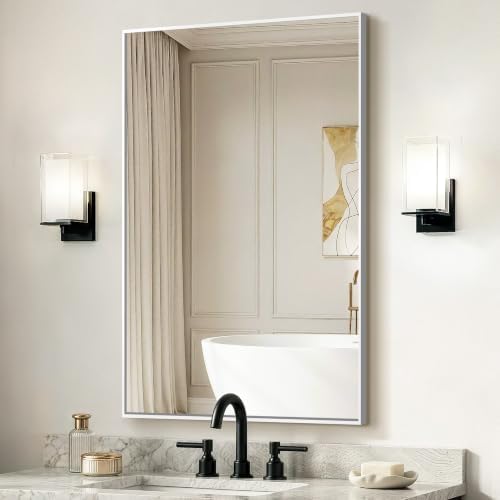 Delma Bathroom Vanity Mirror, 36x24 Silver Metal Framed Mirror by Delma