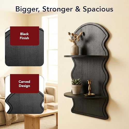 American Art Decor Black Wavy Arched Lunar Ledges Wall Shelf, Wooden 2-Tier - Image 6