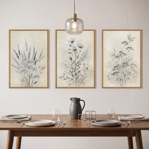 Large Neutral Flower Botanical Framed Canvas Wall Art, Boho Wildflowers Ink - Image 3