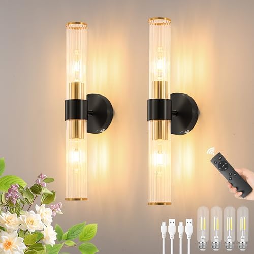 Black Gold Battery Operated Wall Sconces Set of Two, Sconces Wall Decor by Morauroral