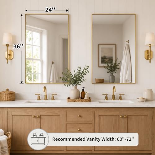 2-Pack 24"x36" Brushed Gold Framed Bathroom Vanity Wall Mirrors - Image 2