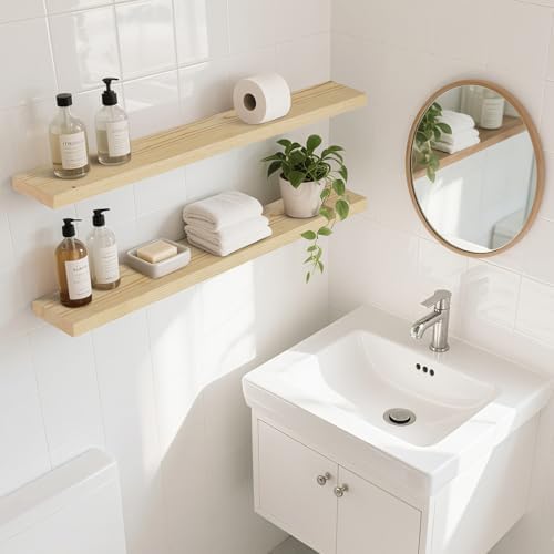 36x5.8x0.8in Floating Wall Shelves Rustic Solid Wood 2-Pack - Image 2