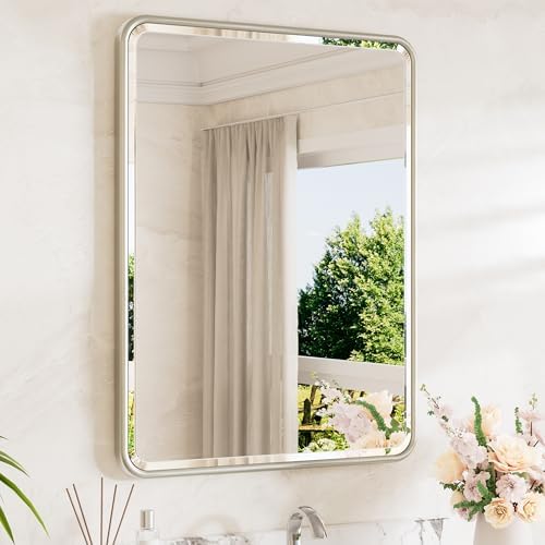 TETOTE Brushed Nickel Framed Vanity Mirror 24 x 32 Beveled Edge Tempered Glass by TETOTE