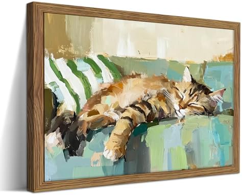 Vintage Abstract Cat Canvas Wall Art, Cute Tabby Cat Sleeping on Sofa Poster by FSYSART