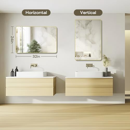 Gold Bathroom Mirror 24x32in, Metal Framed Rounded Rectangle Wall - Image 3
