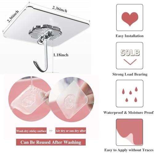 DDMY Adhesive Wall Hooks Clear 50lb Heavy Duty Hanging Sticky-10 Pack - Image 2